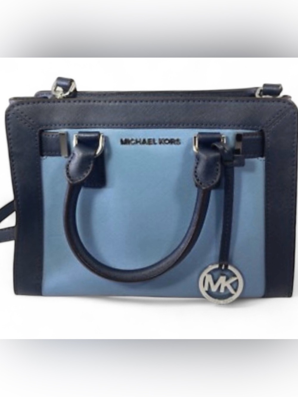 Michael Kors Corner Frame Dillon East West Leather sky steel blue satchel
